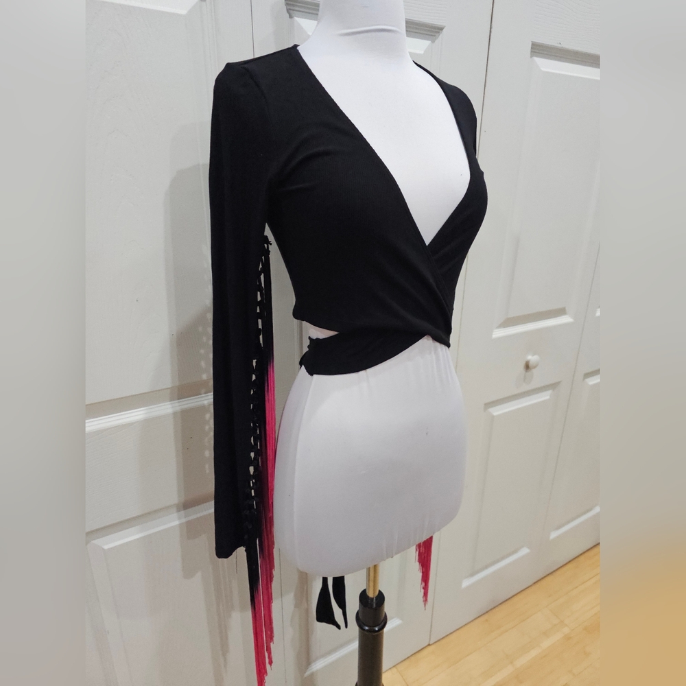 ~SOLD~ Dolls Kill Current Mood Black Pink Whirlwind Romancer Fringe Wrap Top S - Picture 3 of 7